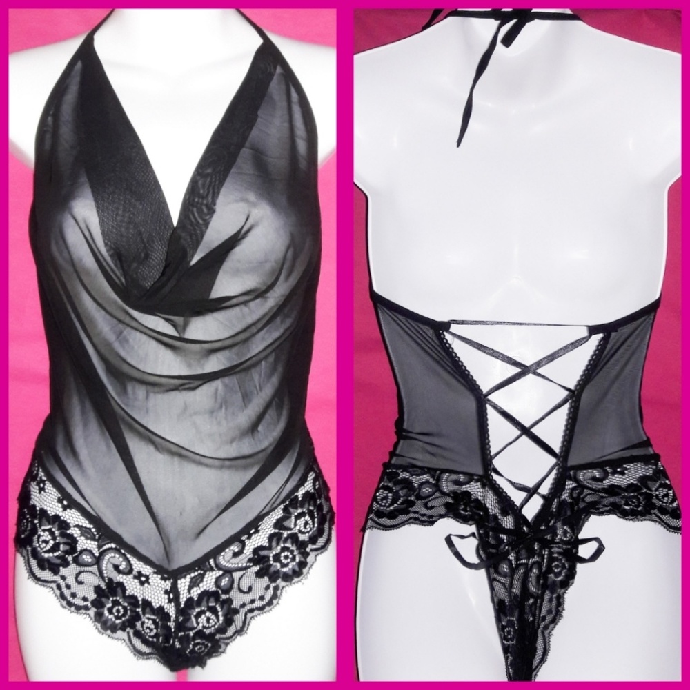 Black Sheer Mesh Lace Halter Lace Up Bodysuit - Picture 3 of 4